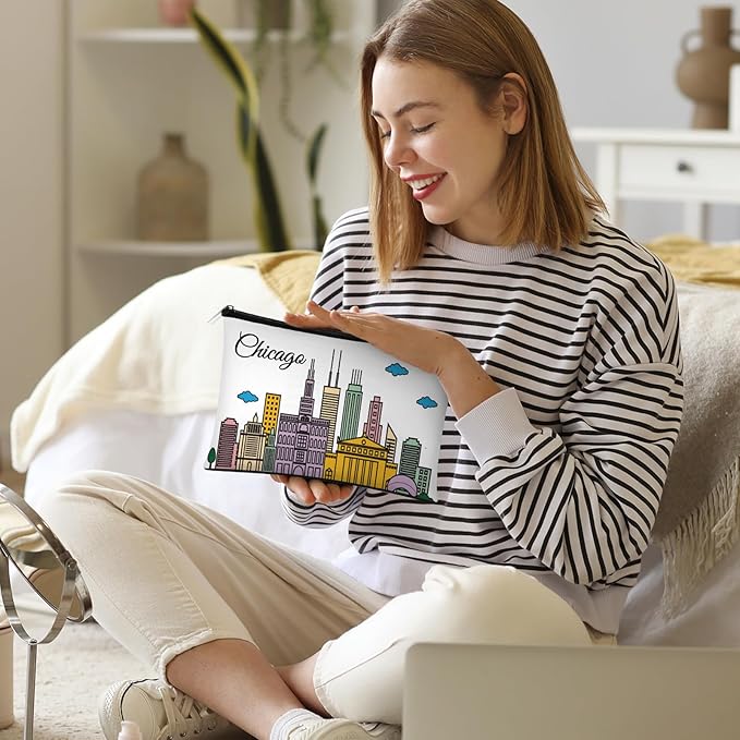 Reginary 6 Pcs City Cosmetic Bag Souvenir Gifts New York Zipper Pouch Chicago Souvenir Seattle Boston Nashville London Paris Italy Alaska Gifts Memento for Women Traveler(Chicago)