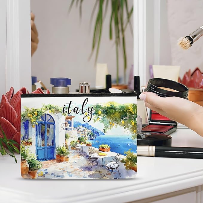 Italy Makeup Bag Gifts for Women, Italy Souvenirs, Travel Essentials Cosmetic Pouch Waterproof Linen Toiletry Organizer, Italian Themed Gifts for Travelers Wife Mom Friends Teacher Coworker