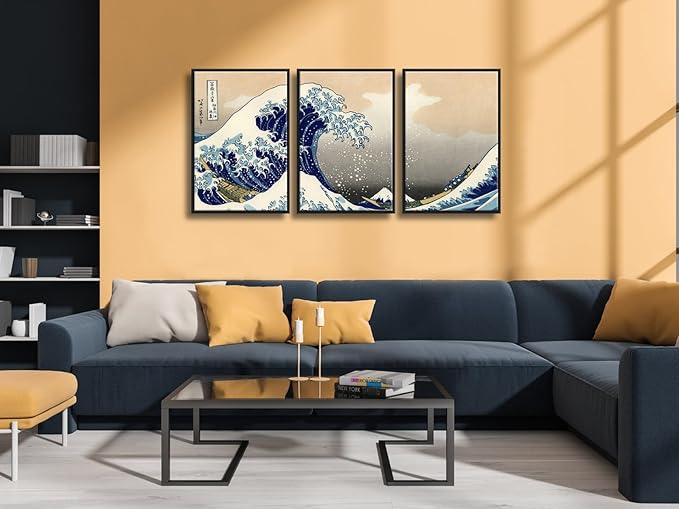 Wieco Art Black Framed Great Wave of Kanagawa Katsushika Hokusai 3 Piece Modern Canvas Prints Artwork Abstract Pictures Paintings on Canvas Wall Art for Home Office Decorations Wall Decor