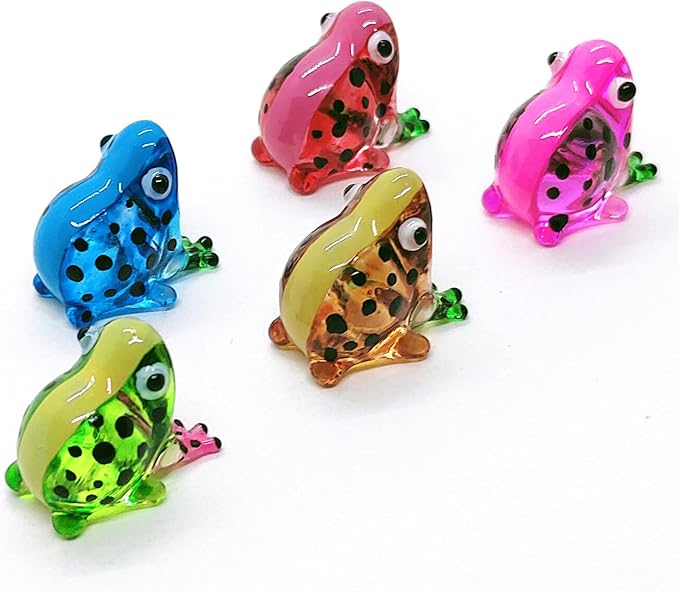 WitnyStore Tiny ¾ Inch Multicolor Black Dotted Frog Figurine 5 Colors Set - Miniature Hand Blown Glass Poison Frogs Amphibian Animals Colorful Small Crystal Decorative Collectible Figures Décor Gifts