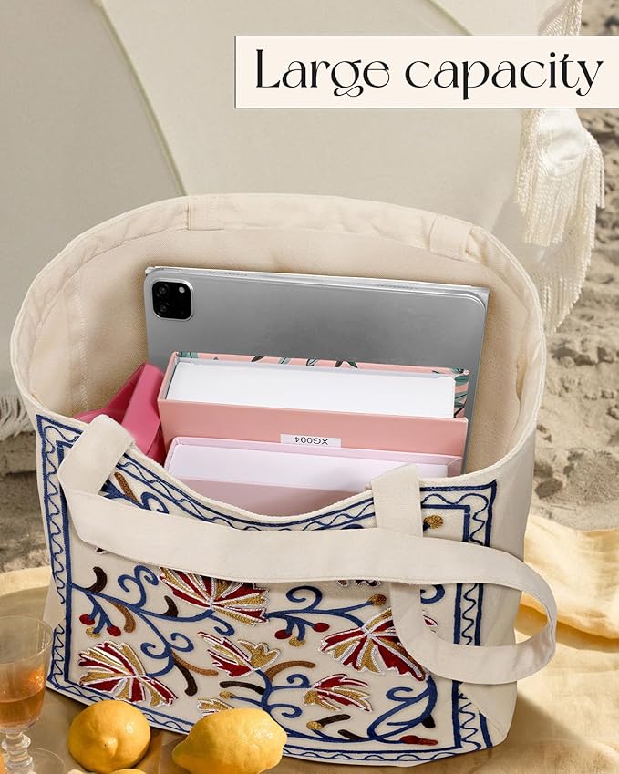 Miss Adola Aesthetic Embroidery Tote Bag for Women - Reusable Canvas Cute Shoulder Bag for Shopping, Grocery, Work, Book