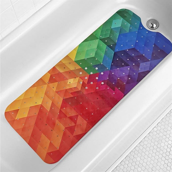 Rainbow Bathtub Mat Non Slip for Kids 40x16 Extra Long Geometry Modern Art Bath Mat for Tub Anti Slip 3D Cubic Abstract Bath Shower Mat with Large Drain Holes and Suction Cups Colorful Bathroom Decor