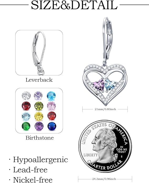 Heart Leverback Earrings Double Birthstone Dangle Earrings for Women, Love Jewelry for Her, Christmas Gifts for Women, Anniversary Birthday Gift for Mom Wife Girlfriend