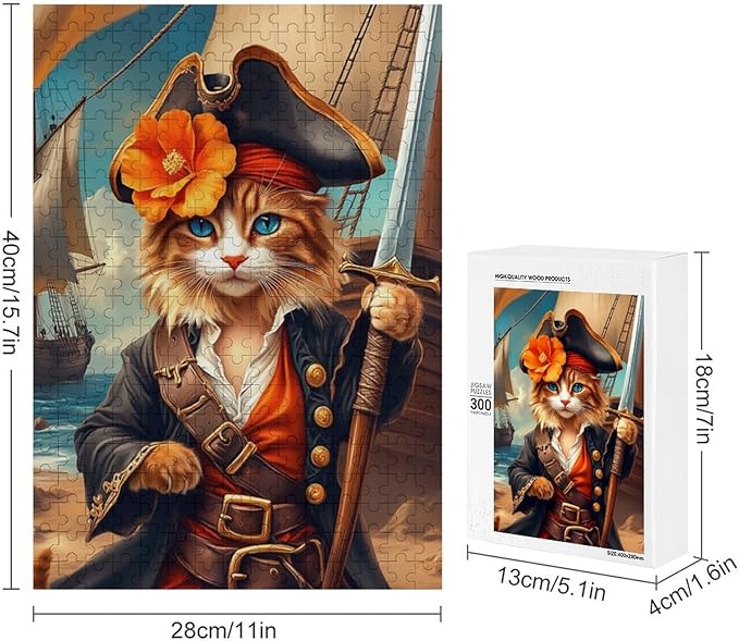 Wooden Puzzle - Classic Pirate Cat Leader Jigsaw Puzzles，Wooden Puzzles for Adults 300 Pieces Challenge Puzzles，Educational Games，Family Puzzles，Unique Gifts for Wall Art