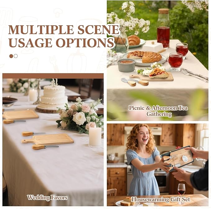 1 Set Bridal Baby Shower Cheese Prizes Wooden Square Board Gift Set Knives Forks Thank You Tags with Box for Guests for Valentines Bridal Baby Shower Housewarming (Maple Wood)