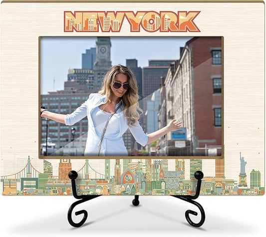 Lesixur New York Travel Photo Frame, Wedding Honeymoon Vacation Souvenir Gift for Family Couples Friends, 4x6 Wooden Picture Frame with Iron Stand for Tabletop Desktop Display, Home Table Decor -047