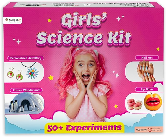 50+ Experiments Science Kit for Girls, Includes DIY Nail Art, Personalised Jewellery, Lip Balm, Frozen Wonderland | Birthday Gift for Girls, Educational Toy for Kids - Curious Junior