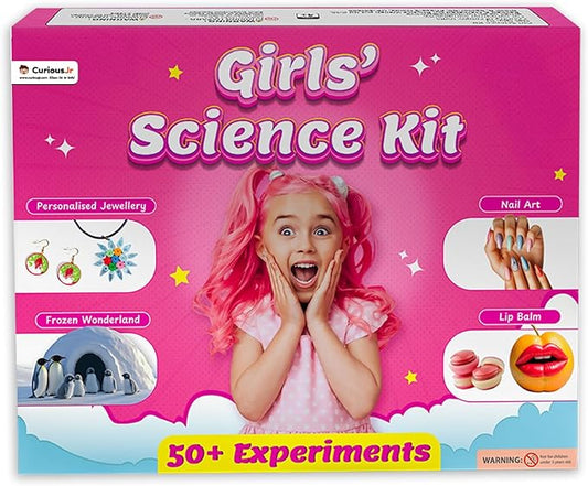 50+ Experiments Science Kit for Girls, Includes DIY Nail Art, Personalised Jewellery, Lip Balm, Frozen Wonderland | Birthday Gift for Girls, Educational Toy for Kids - Curious Junior