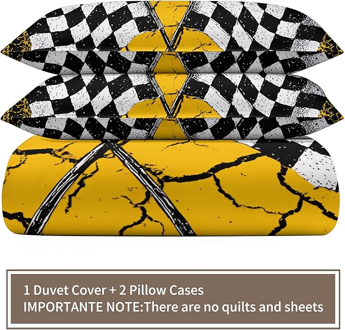 Race Flag Duvet Cover Full Size Racing Checkered Flag Bedding Set Tire Track Comforter Set Sporty Race-Themed Duvet Cover with Pillowcases for Bedroom