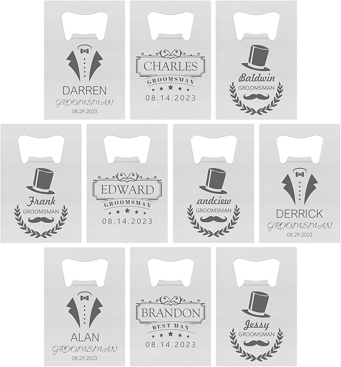 10PCSPersonalized Bottle Openers Credit Card Size, Groomsmen Best Man Gifts for Wedding Bachelor Party, Stainless Steel Beer Bottle Opener