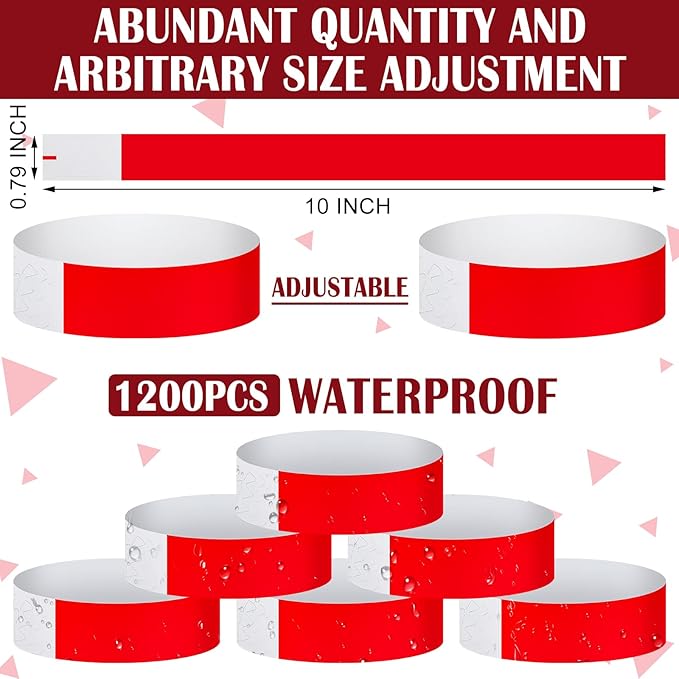 Tudomro 1200 Pack Plastic Paper Wristbands for Events Neon Party Wrist Bands Colored Waterproof Concert Identification Hand Bands Lightweight Adhesive Wristband(Red)