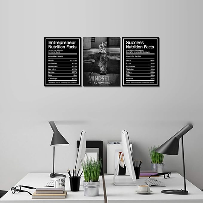 Mindset is Everything Wall Art Motivational Canvas Painting Wall Art Poster Prints Entrepreneur Bundle Set 3 Pieces Success Nutrition Facts (48" W x 24" H, Mindset)