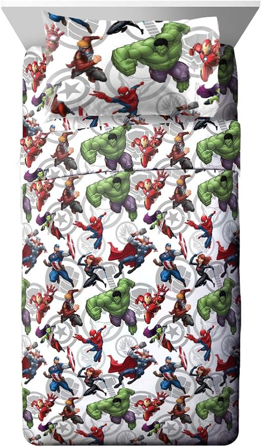 Marvel Avengers Team 4 Piece Twin Bed Set - Includes Reversible Comforter & Sheet Set - Super Soft Fade Resistant Polyester - (Official Marvel Product)