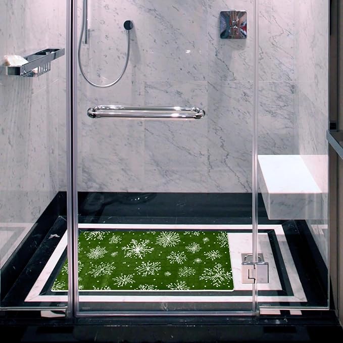 Bathtub Mats for Shower Tub, Christmas White Snowflakes Green Pattern Anti-Slip Bath Mats for Inside Tub, Bathroom Shower Mats with Drain Holes and Suction Cups