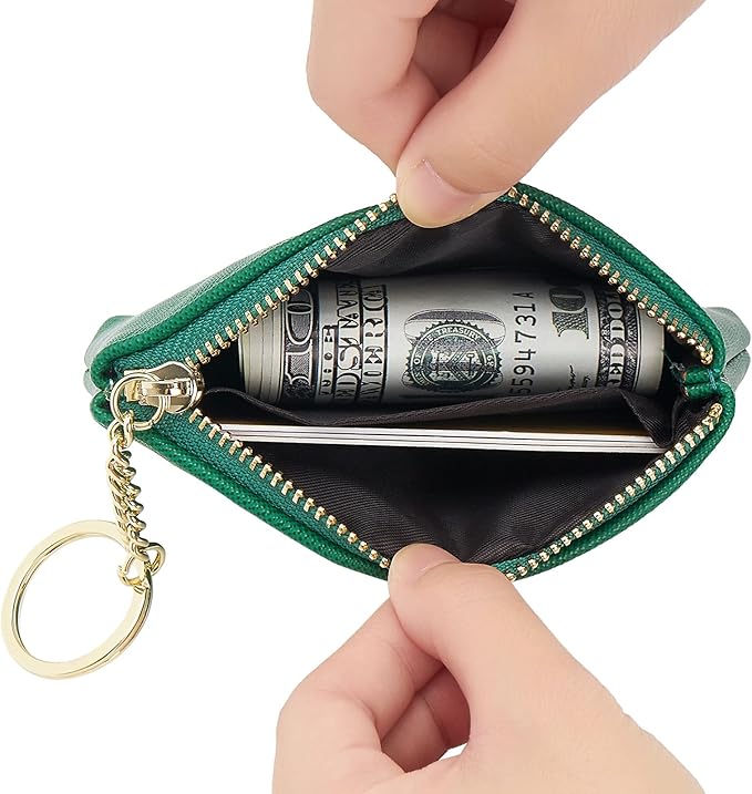 WOZEAH Artificial Leather Coin Purse Change Purse With Key Chain Ring Zipper For Men Women (Green)
