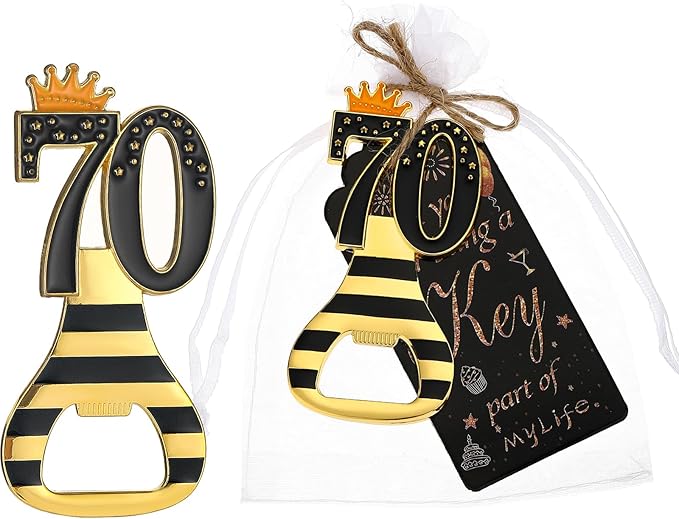 24pcs 70th Gold Keychain Bottle Opener 70th Birthday Party Favors, 70 Keychain Beer Bottle Opener Favors Anniversary Souvenirs Return Gifts for Guests Party Decor Supplies (black 70)