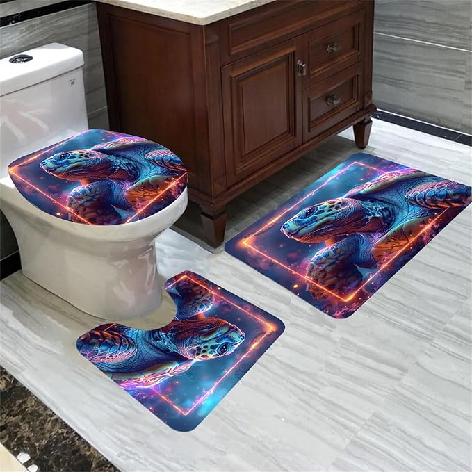 Ocean Themed Shower Curtain - 4 Pcs Kids Shower Curtain Set Turtle Shower Curtains for Bathroom Turtle Bathroom Accessories with Rug,Toilet Cover and Bath Mat with 12 Hooks