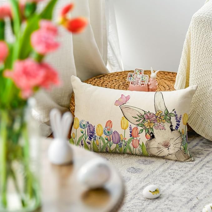 AVOIN colorlife Easter Floral Tulip Garland Bunny Throw Pillow Cover, 12 x 20 Inch Spring Rabbit Holiday Cushion Case Decoration for Sofa Couch Set of 2