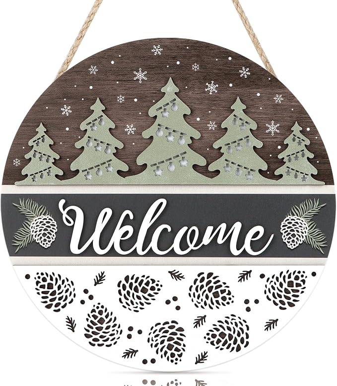 CHDITB Pinecone Welcome Winter Door Sign, Hanging Welcame Sign,Christmas Tree Welcome Door Sign, Christmas Xmas Decor, 3D Winter Wall Decor Hanging Xmas Round Sign for Home Decor
