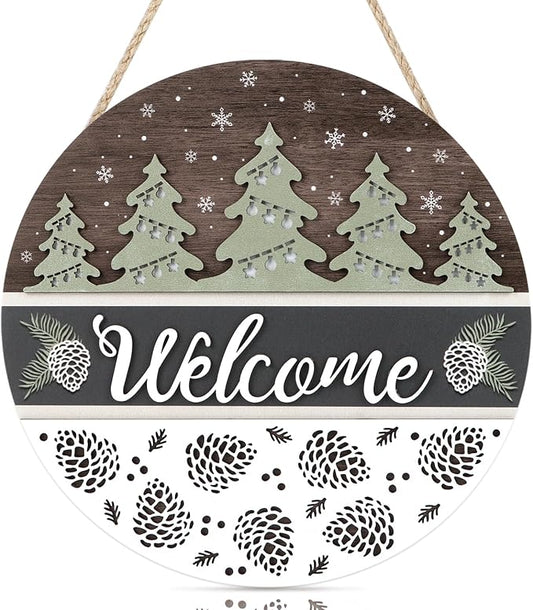 CHDITB Pinecone Welcome Winter Door Sign, Hanging Welcame Sign,Christmas Tree Welcome Door Sign, Christmas Xmas Decor, 3D Winter Wall Decor Hanging Xmas Round Sign for Home Decor