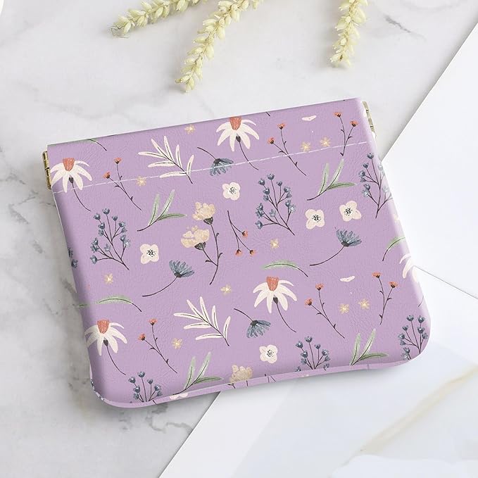2Pcs PU Leather Small Squeeze Coin Purse Pouch Mini coin Bag Unique And Cute Wallet Cosmetic Bags Change Bag For Women Girls Men White And Purple Floral