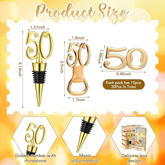 Hushee 30 Pcs 50th Birthday Party Favors for Guests Birthday Bottle Opener Golden Wine Stoppers with Rhinestones for Adults Women Wedding Party Anniversary Souvenirs Keepsakes