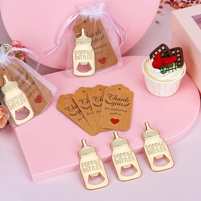 50Pcs Popping Bottle Openers Baby Shower Party Favors For Guests Baby Shower Return Favors Baby Bottle Shaped Bottle Opener Baby Shower Souvenirs With Organza Bags Thank You Cards, small, Gold