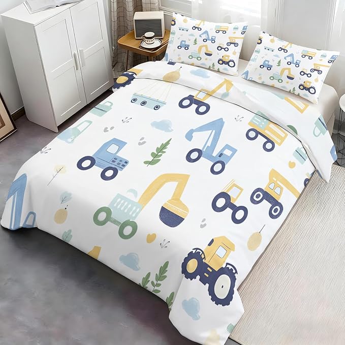 Cartoon Construction Vehicles Duvet Cover King Size Excavator Bulldozer Bedding Set Trucks Car Comforter Set Kids Engineering-Themed Comforter Cover with Zipper Ties for Bedroom