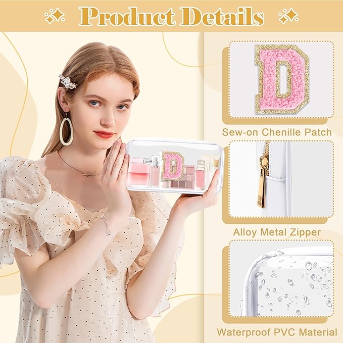 Personalized Initial Letter Clear Makeup Bag,Preppy Small Nylon&PVC Cosmetic Zipper Bag with Chenille Letter,Travel Skincare Toiletry Bag,Monogram Christmas Gift for Teen Girls Women,D