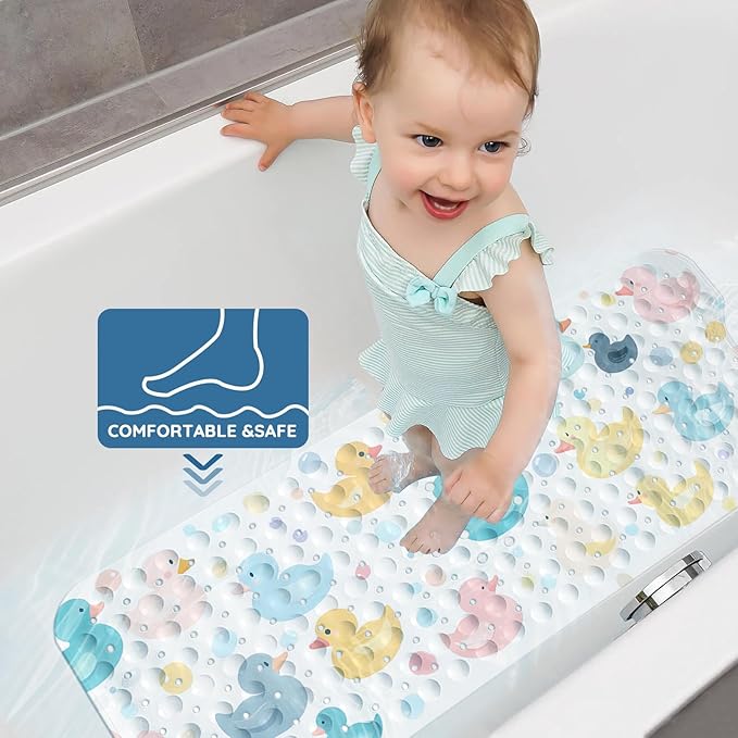 LNOND Bath Mat for Tub for Kids, Toddler Bathtub mat Non Slip, Colourful Cartoon Duck Kids Bath Mats for Bathroom Non Slip with Drain Holes and Suction Cups,Machine Washable (40 X 16 Inch)