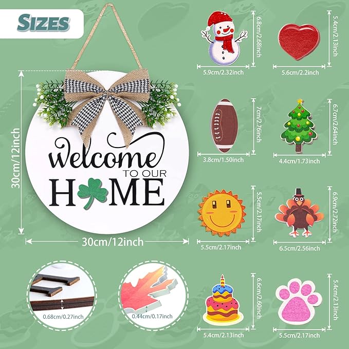 Interchangeable Welcome Sign for Front Door - Solid Wooden Welcome Wreaths with 16 Seasonal Holiday Icons Front Door Decor for Farmhouse Hanging, Valentine's, Easter Christmas Housewarming Gift Decor