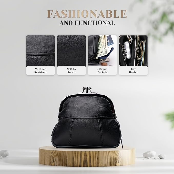 Leather Impressions Long lasting Coin Purse (Pack of 2) With Twist Clasp & Zipper Pocket For Keys, Cards Or Other Essentials- Elevate Your Style With Our Fine Stitched Slim Wallet (Black)
