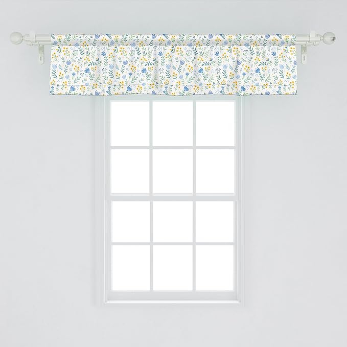 Ambesonne Tulip Window Valance Pack of 2, Fresh Spring Meadow Pattern with Wildflowers and Tulips Rural Nature, Rod Pocket Curtain Valances for Kitchen Bedroom, 54" X 12", Pale Green Pale Blue