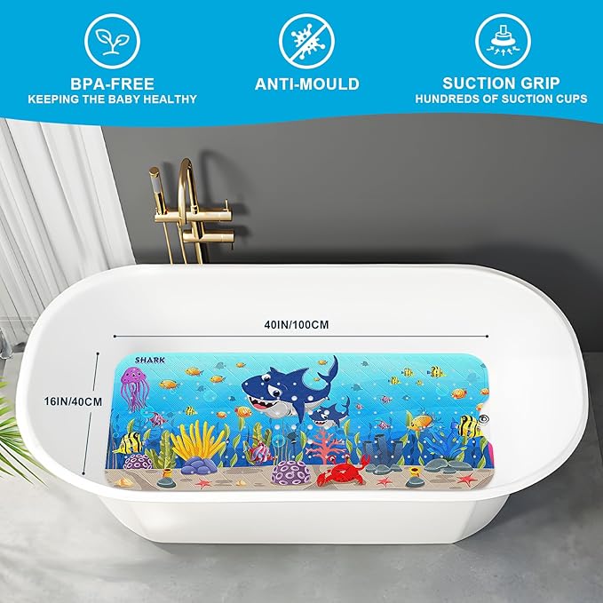 XIYUNTE Baby Bath Mat for Tub Non Slip Kids Bath Mat - 40''x16'' Extra Long Cartoon Bathtub Mat Non Slip Kids Shower Mat Eco-Friendly Toddler Bath Mats with Suction Cups, Machine Washable, Shark