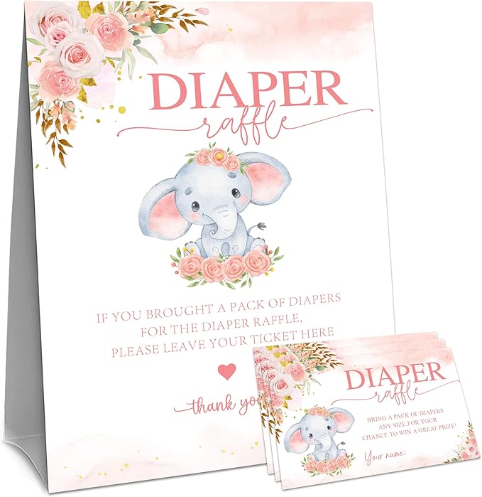 Floral Baby Shower Diaper Raffle Game Set - Pink Elephant 1 Standing Sign & 50 Diaper Raffel Tickets - Baby Announcement, Gender Reveal Party Activities & Decorations For Girls - A09