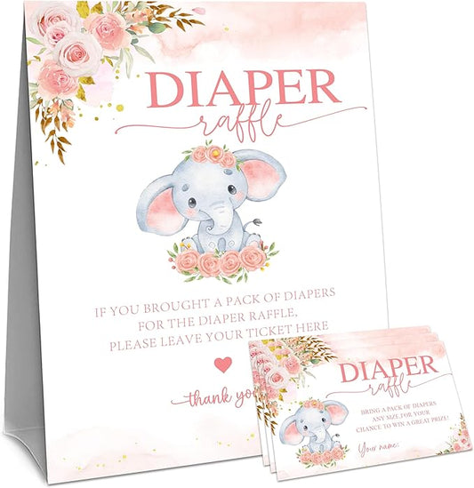 Floral Baby Shower Diaper Raffle Game Set - Pink Elephant 1 Standing Sign & 50 Diaper Raffel Tickets - Baby Announcement, Gender Reveal Party Activities & Decorations For Girls - A09