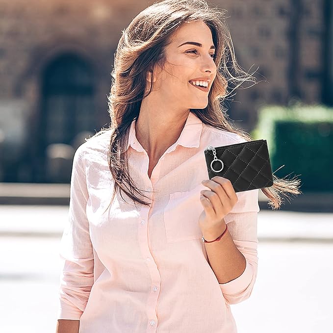 Real Leather Coin Purse with Rhombus Embroidery Zipper Keychain Mini Wallet for Women & Men (Black)