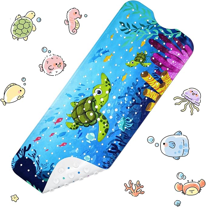 Vanleonet Baby Bath Mat for Tub, 40''x17'' Extra Long Bathtub Mat Non Slip, Bathtub Mat Non Slip Kids with Suction Cups & Drain Holes, Machine Washable, Sea Turtle