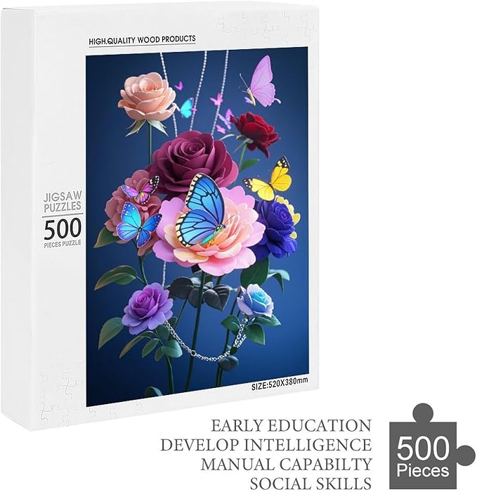 Jigsaw Puzzles for Adults 500 Piece - Butterfly Flowers Themed Wooden Puzzles，Challenge Puzzles，Educational Games，Family Puzzles，Unique Gifts for Wall Art ，Funny Puzzles，Stress Relief Games