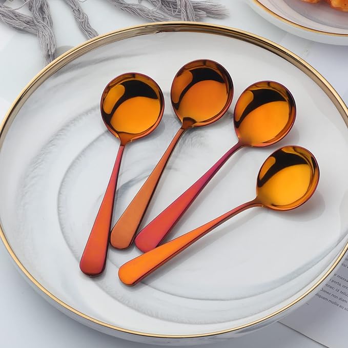 Buyer Star 8 Pieces Stainless Steel Round Soup Spoon, 6.3 Inch Mirror Polished Spoon Cutlery, Dishwasher Safe (Rainbow Red)