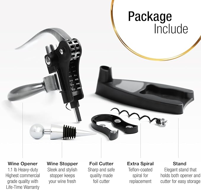 Wine Bottle Opener Corkscrew Set – Luxiluxy [2024 upgraded, does NOT break!] Including Foil Cutter, Bottle Stopper, Opener Stand and Extra Spiral - corkscrews wine opener set- wine opener kit
