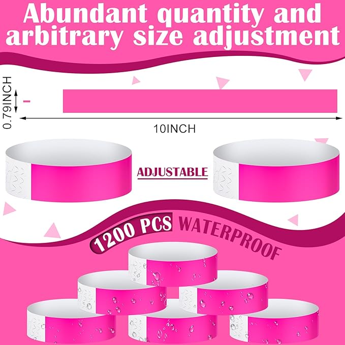Tudomro 1200 Pack Plastic Paper Wristbands for Events Neon Party Wrist Bands Colored Waterproof Concert Identification Hand Bands Lightweight Adhesive Wristband(Pink)