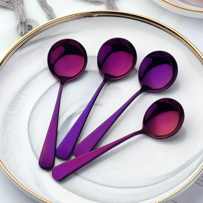 Buyer Star 8 Pieces Stainless Steel Round Soup Spoon, 6.3 Inch Mirror Polished Spoon Cutlery, Dishwasher Safe (Purple)
