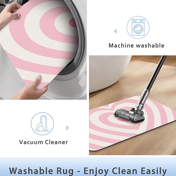 Pink Love Heart Bathroom Rug 29.5"x17", Super Absorbent Fast Drying Bath Mat with Non-Slip Rubber Backing, Thin Low-Profile Easy-Clean Bathroom Floor Mat for Shower or Tub