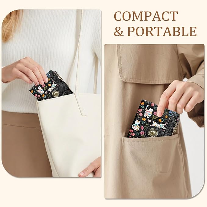 Flowers Cat Wallet Women Small RFID Blocking Bifold, Cute Credit Card Holder, Zipper Coin Pocket, PU Leather, Compact, Travel, 4 ID Window, 14 Card Slots, Cash Purse, Ladies Woman Female Girls