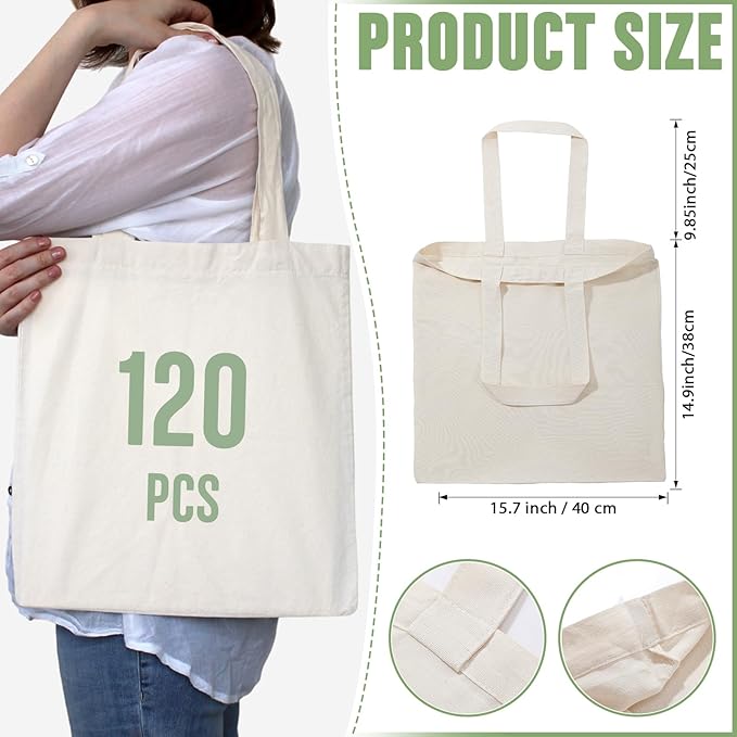 Roowest 120 Pieces Cotton Tote Bag Bulk 15 x 16 Inch Blank Shopping Cloth Bags Reusable with Long Handle for Women Men DIY(Beige)