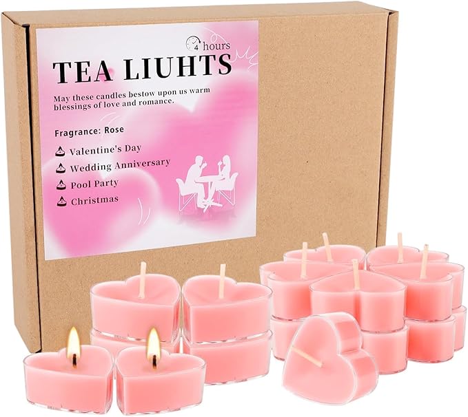 50-Pack Pink Heart Tea Wax (4-Hour Burn) - Rose-Scented Candles for Valentine's Day, Anniversaries, Weeding,Pool Parties & Romantic Decor & Special Occasions.