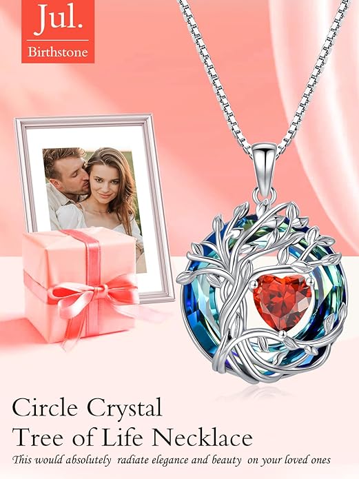 TOUPOP Tree of Life Birthstone Necklace 925 Sterling Silver Pendant Austrian Crystal Jewelry Anniversary Valentine's Day Birthday Gifts for Women Mom Her Wife