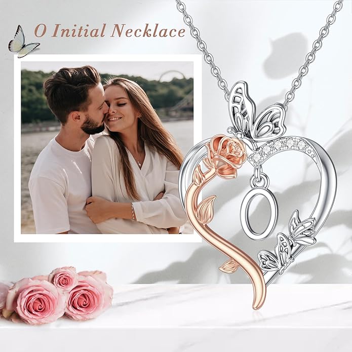 TOUPOP Rose Heart Necklaces Gifts for Women 925 Sterling Silver Butterfly Heart Initial Necklace Anniversary Valentines Day Birthday Jewelry Gifts for Mom Her Wife Girlfriend Daughter