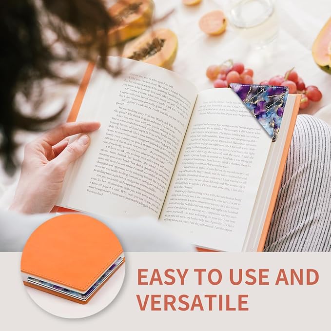 Cute Leather Bookmarks, Fun Triangle Making Corner Bookmark, Book Accessories for Reading Book Lovers, Unbreakable Page Markers for Women Men Luxury Blue Purpler Marble